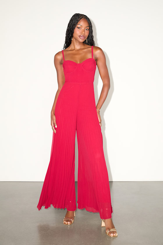 Exemplary Poise Red Pleated Wide-Leg Jumpsuit