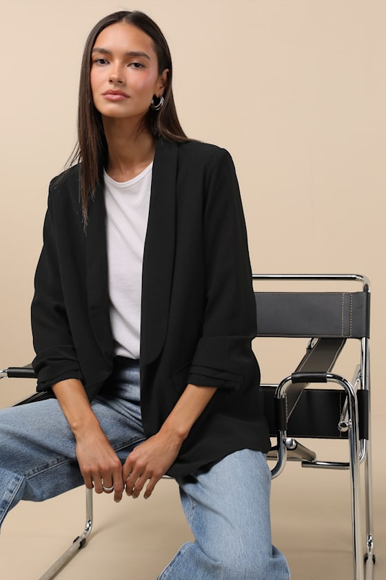 Superior Aesthetic Black Three-Quarter Sleeve Ruched Blazer