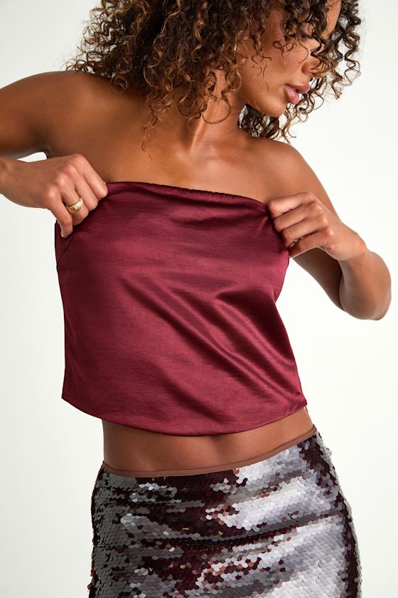Devine Burgundy Satin Strapless Crop Top