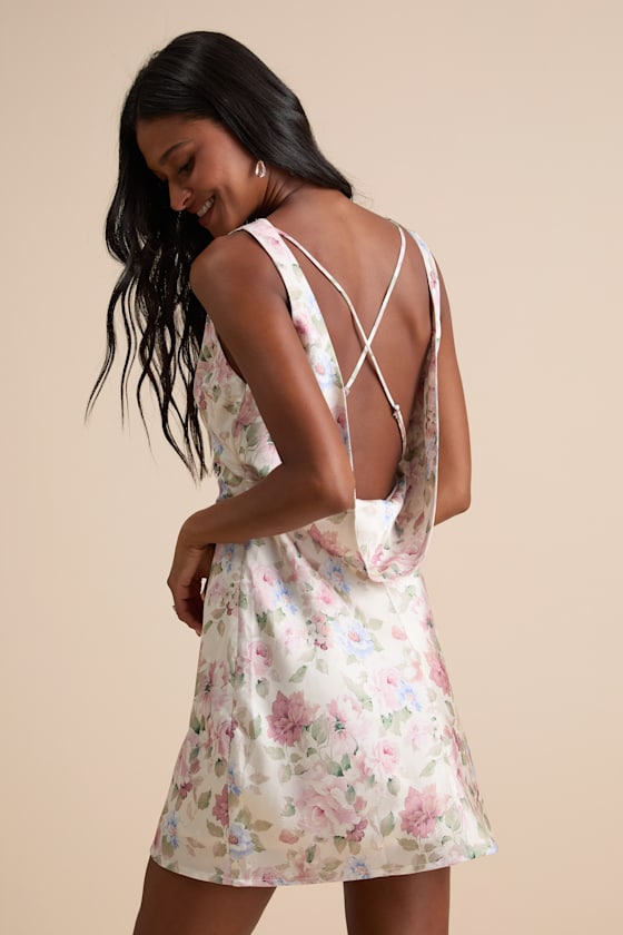 Coralise Cream Floral Satin Cowl Back Mini Dress