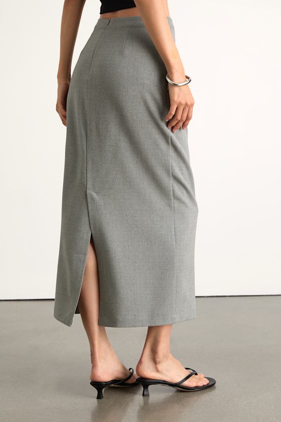 Halena Light Grey Plaid High-Rise Column Midi Skirt