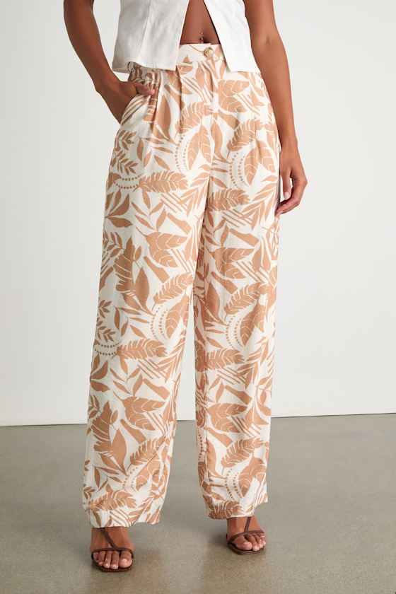 Rosetta Ivory and Tan Leaf Print Wide-Leg Pants