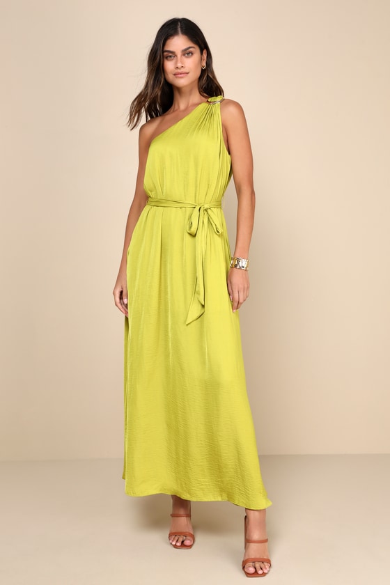 Goddess Aura Chartreuse Satin One-Shoulder Maxi Dress