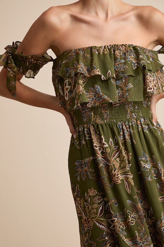Love and Blooms Olive Green Floral Print Off-the-Shoulder Dress