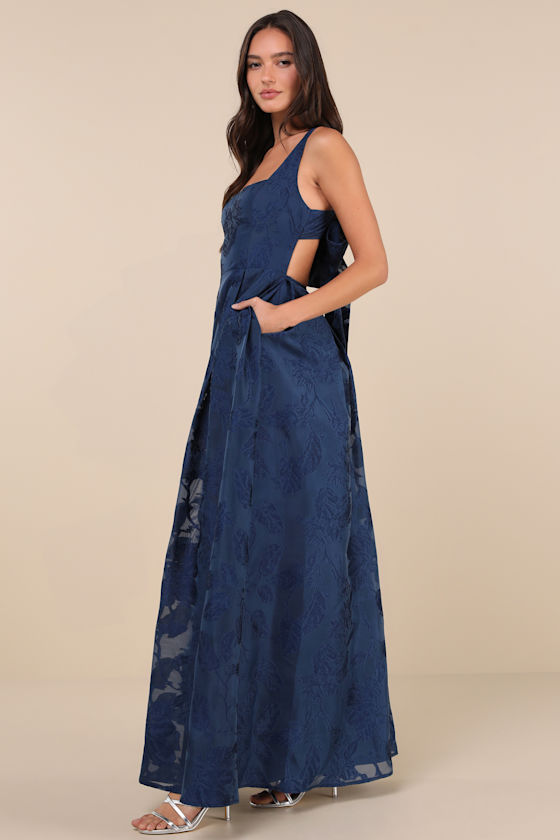 Perfected Aura Navy Jacquard Tie-Back Maxi Dress with Pockets