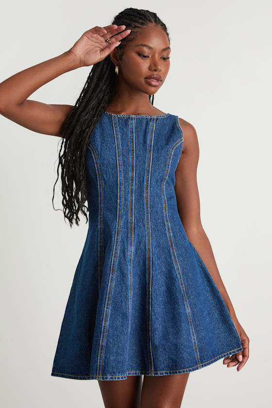 Marchella Dark Wash Denim Seamed Mini Dress