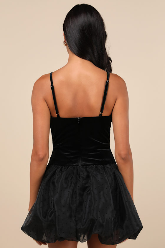 Coquette Energy Black Polka Dot Velvet Drop Waist Mini Dress