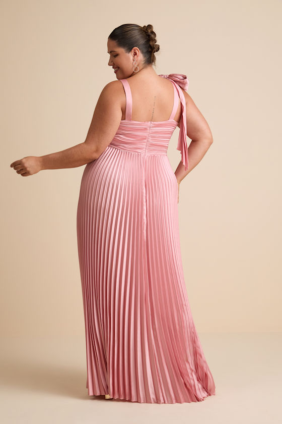 Gorgeous Purpose Pink Satin Pleated Sleeveless Bow Maxi Dress