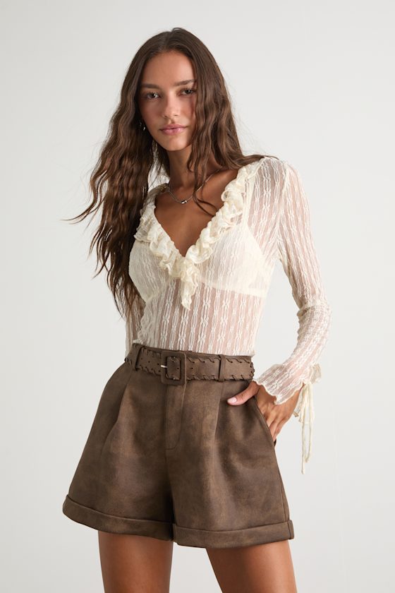 Nolyn Brown Suede Pleated High-Rise Shorts