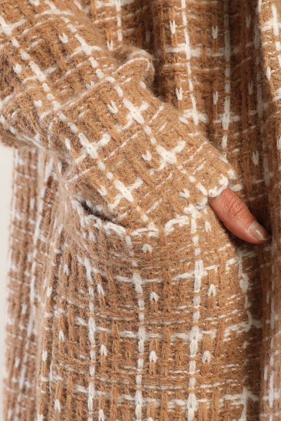 Cozy Conditions Tan and White Knit Plaid Coatigan