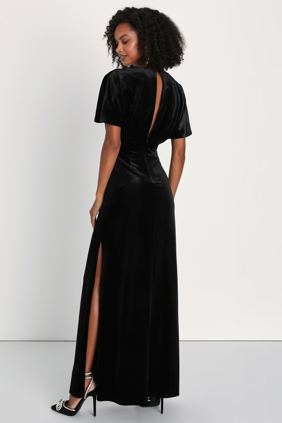 Mystical Charm Black Velvet Flutter Sleeve Maxi Dress