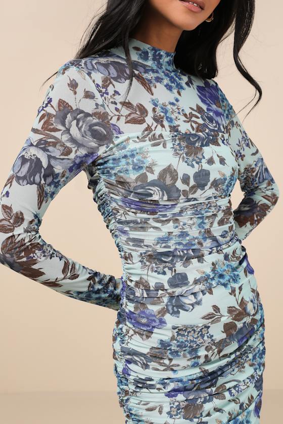 Impressive Flirt Blue Floral Mesh Ruched Mock Neck Midi Dress
