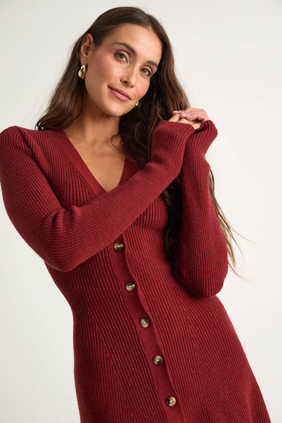 Adorably Flirty Rust Red Button-Front Sweater Mini Dress