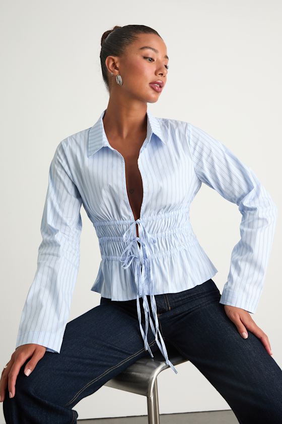 Polished Essence Blue Striped Collared Tie-Front Top