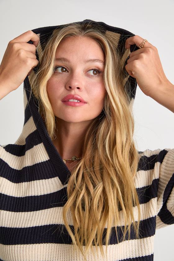 Cuddled Up Days Ivory and Navy Striped Hooded Mini Sweater Dress