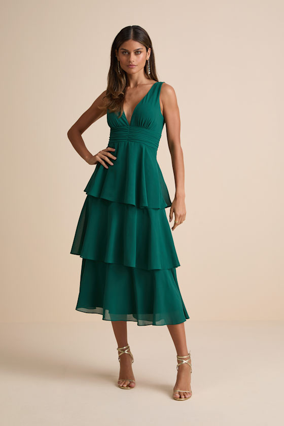 Celebration Time Emerald Green Sleeveless Tiered Midi Dress