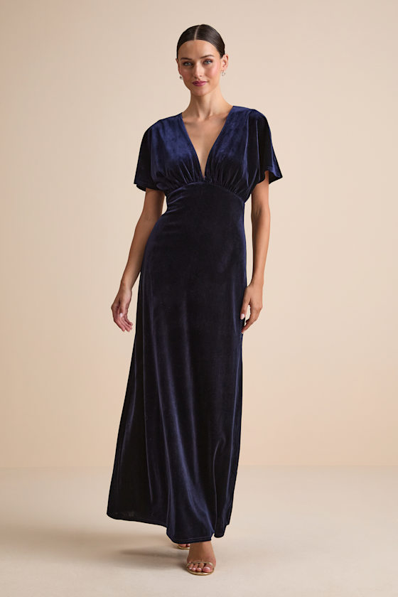 Mystical Charm Navy Velvet Flutter Sleeve Maxi Dress