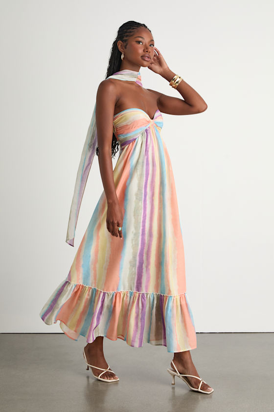 Kelia Peach Multi Striped Midi Dress and Scarf Set