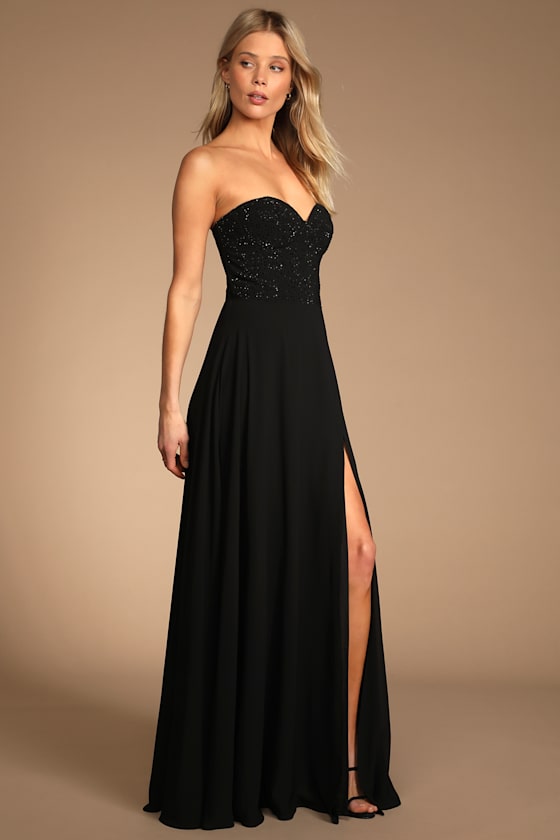 Remember This Moment Black Rhinestone Strapless Maxi Dress