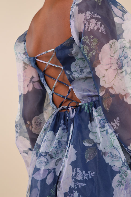 Positively Enchanting Blue Floral Organza Bustier Mini Dress