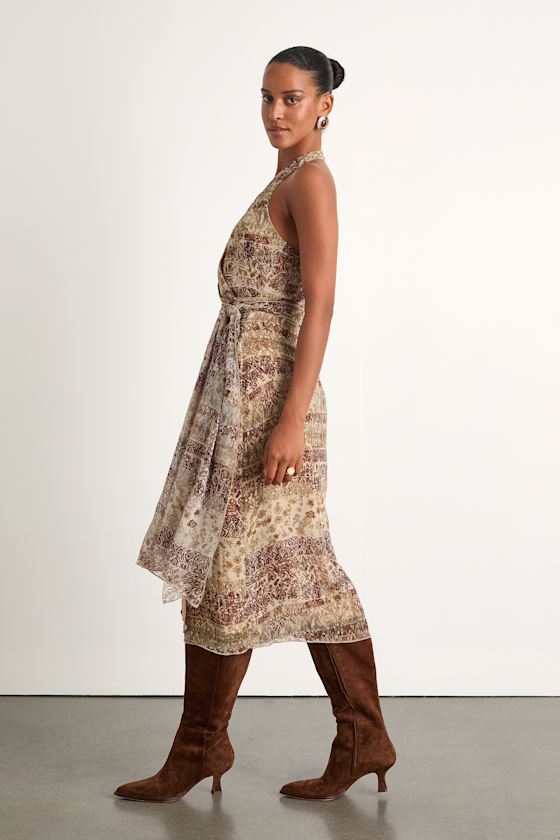 Francine Beige Multi Boho Print Halter Midi Dress