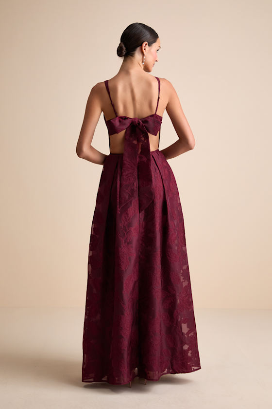 Perfected Aura Red Jacquard Tie-Back Maxi Dress with Pockets