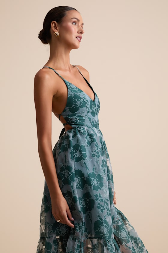 Feeling Like Forever Teal Jacquard Organza Lace-Up Midi Dress
