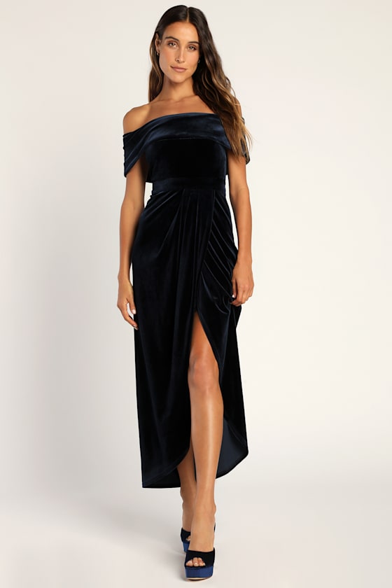 I'm Enchanted Navy Blue Velvet Off-the-Shoulder Maxi Dress