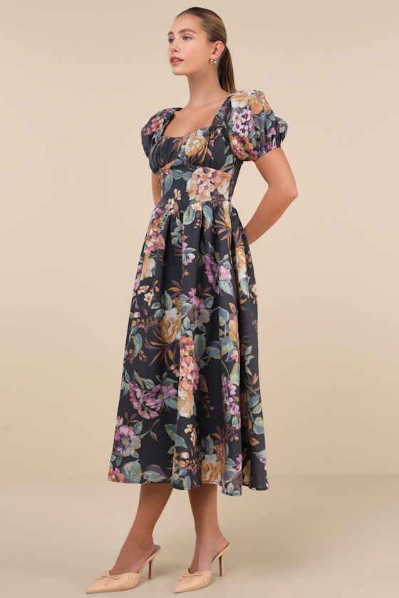 Adorable Tendencies Dark Grey Floral Puff Sleeve Midi Dress