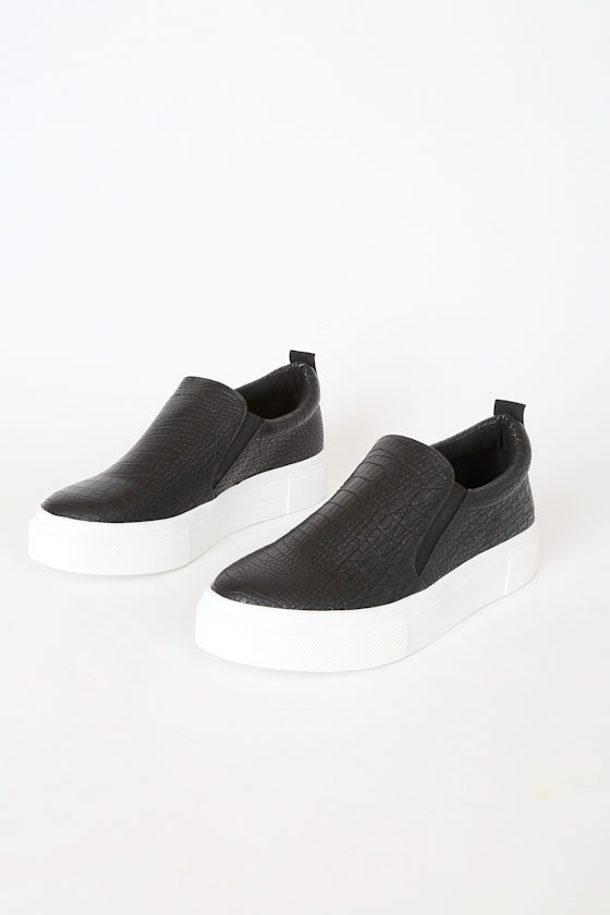 Cassay Black Crocodile-Embossed Platform Slip-On Sneakers