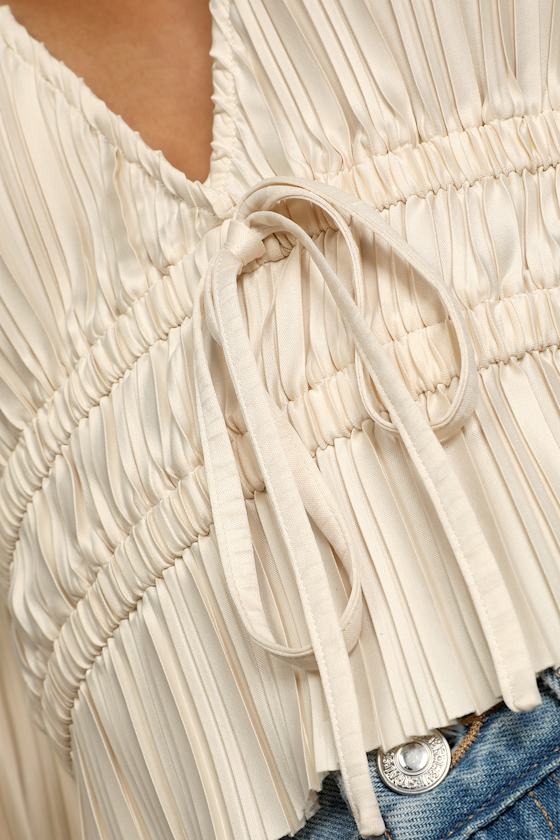 Staying Optimistic Champagne Pleated Bell Sleeve Top