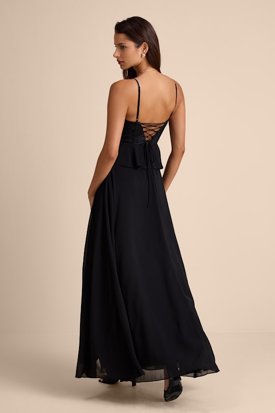 Elegant Silhouette Black Lace Bustier Peplum Maxi Dress