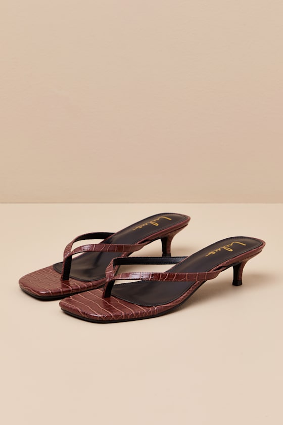 Massima Brown Croc-Embrossed Kitten Heel Thong Sandals