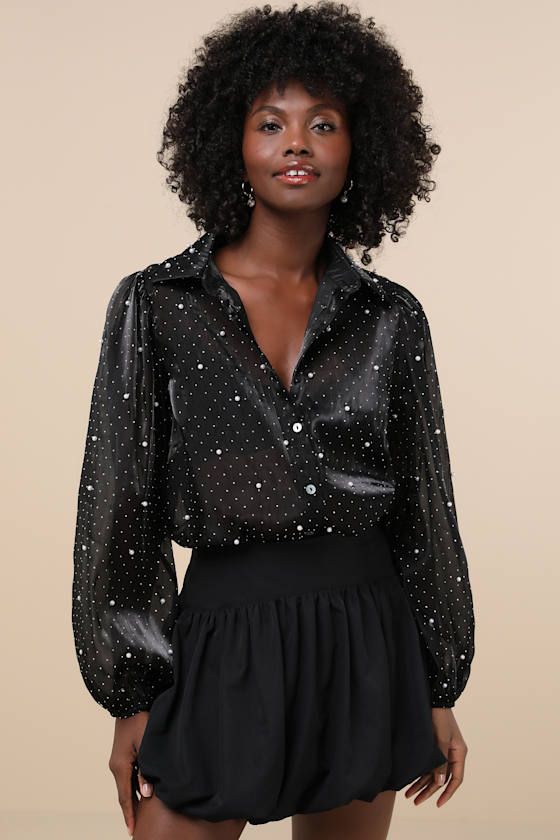 Poised Glam Black Sheer Rhinestone Button-Up Top