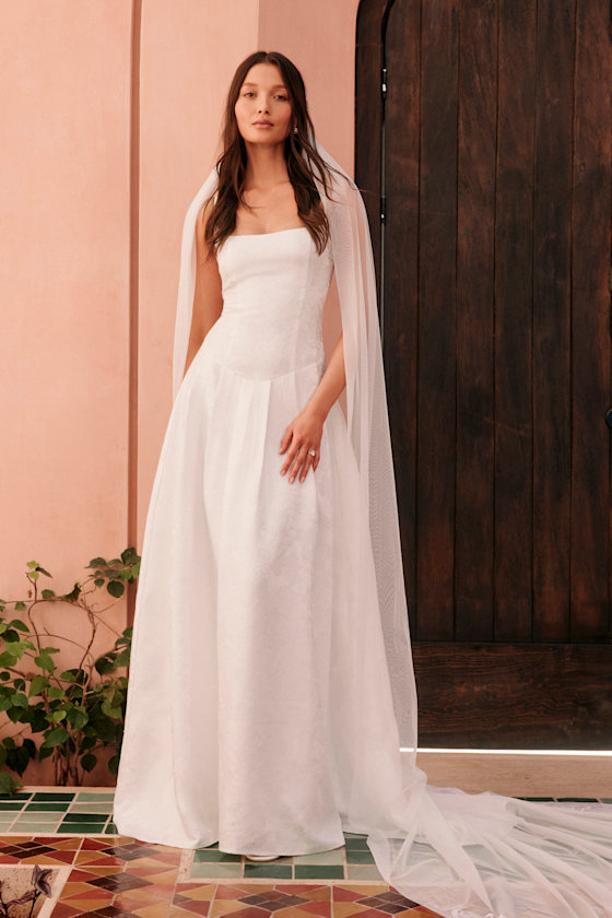 Arabella White Jacquard Basque Waist Maxi Dress