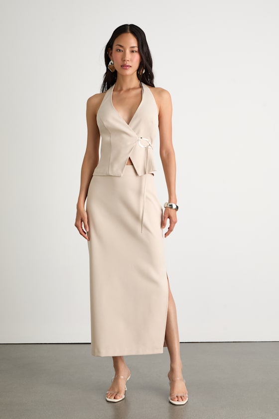 Virginia Beige Halter Belted Vest Top
