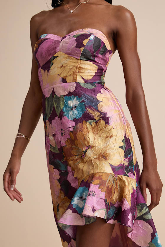 Blushing Darling Plum Multi Floral Strapless High-Low Maxi Dress