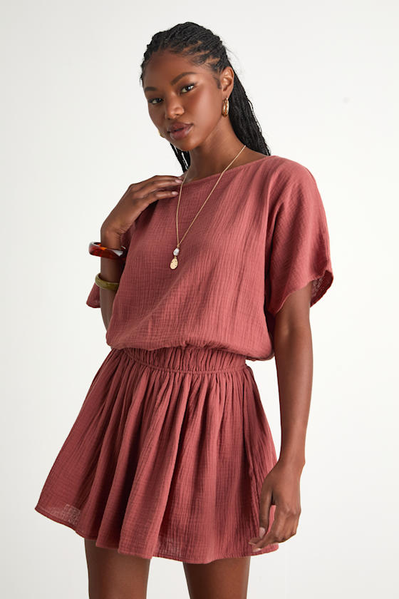 Aevorn Rusty Rose Gauzy Short Sleeve Mini Dress