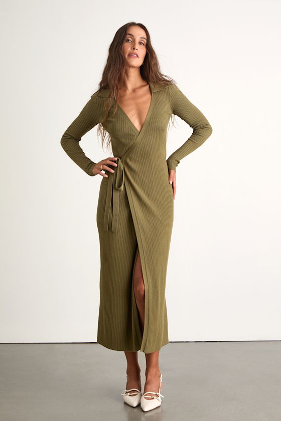 Neyla Olive Green Ribbed Sweater Wrap Midi Dress