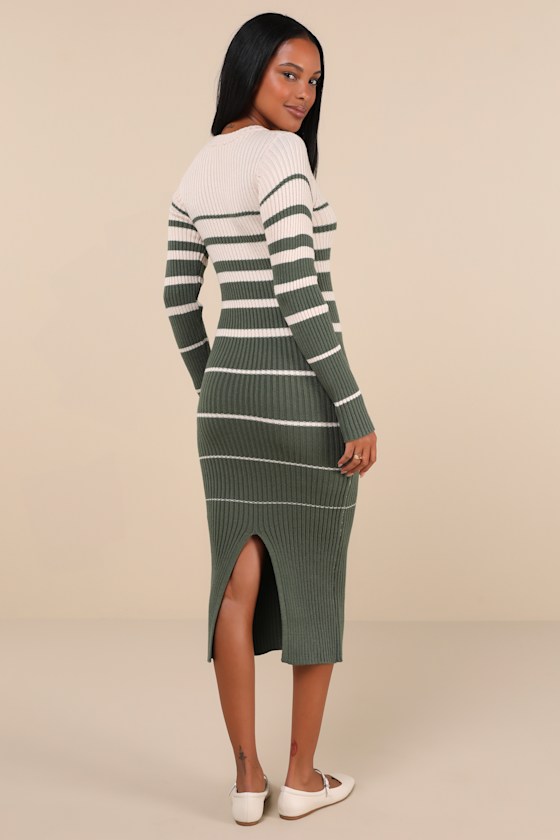 Seasonal Status Green and Cream Striped Midi Sweater Dress