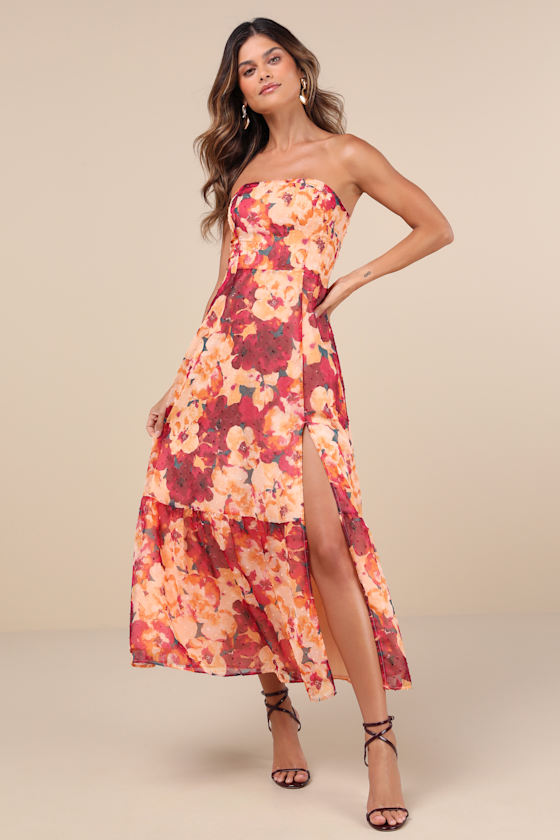 Bright Perspective Plum and Orange Floral Strapless Midi Dress