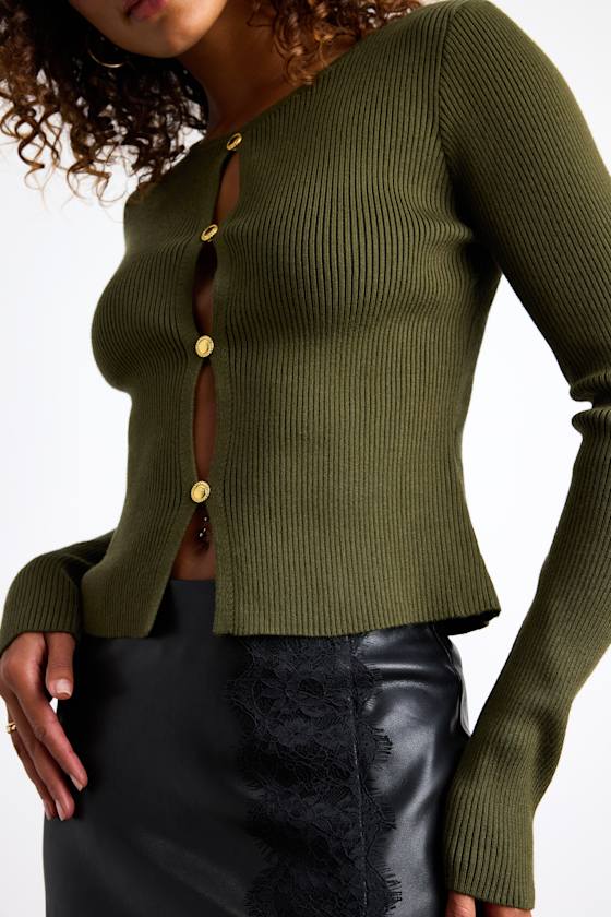 Mahita Olive Green Ribbed Cutout Button-Front Long Sleeve Top