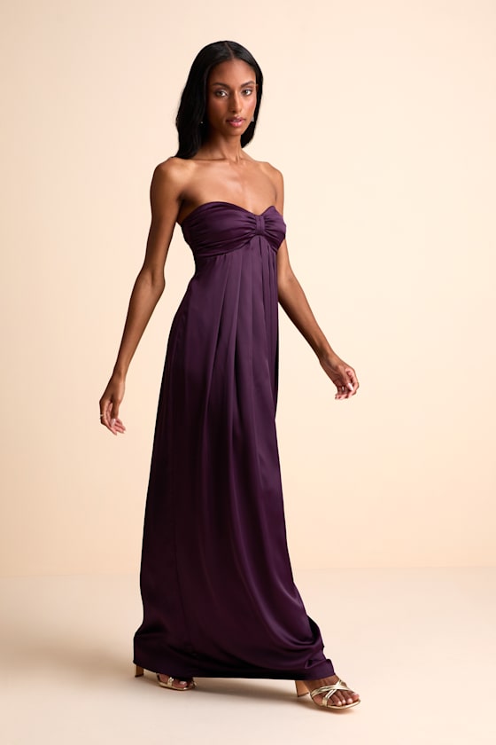Memorable Entrance Dark Purple Strapless Satin Maxi Dress