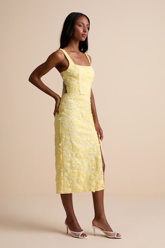 Chesley Light Yellow 3D Floral Embroidered Tie-Back Midi Dress
