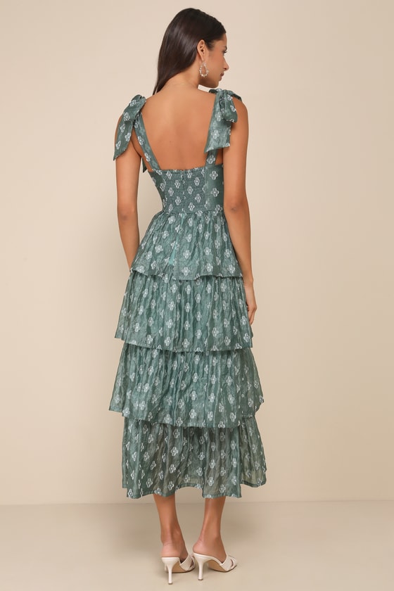 Gorgeous Excellence Teal Green Floral Burnout Tiered Midi Dress