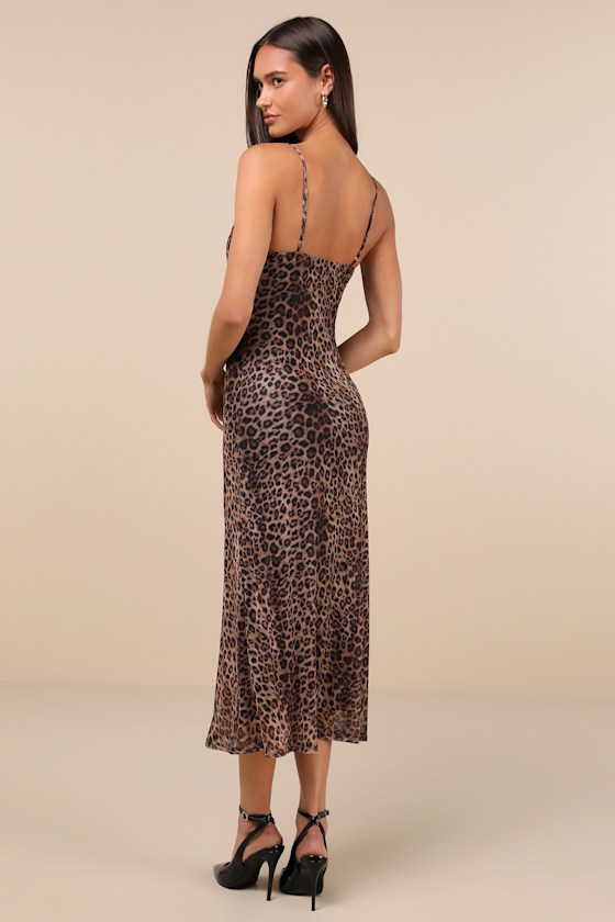 Flirty Destiny Brown Leopard Print Mesh Cowl Neck Midi Dress