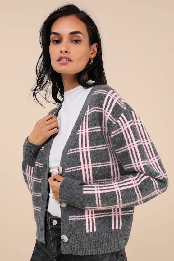 Ideal Crush Charcoal Grey and Pink Plaid Cardigan