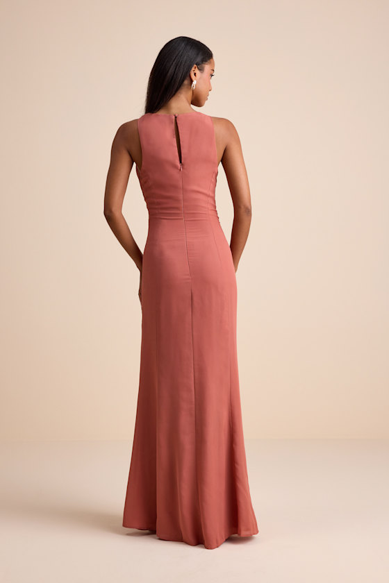 Mikaila Rusty Rose Cowl Neck Ruched Column Maxi Dress