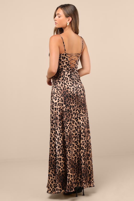 Livian Brown Leopard Satin Lace-Up Maxi Dress