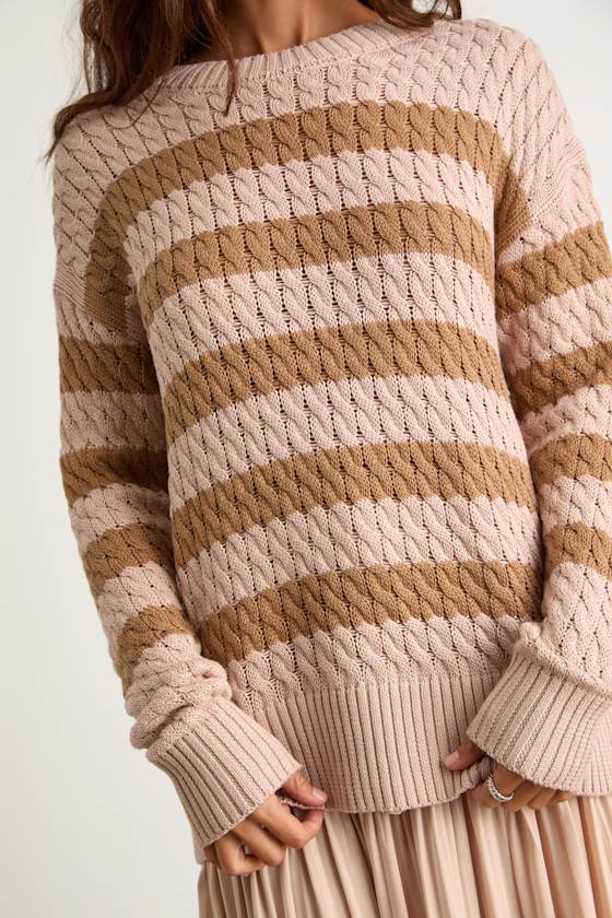 Navya Blush Striped Cable Knit Tunic Sweater
